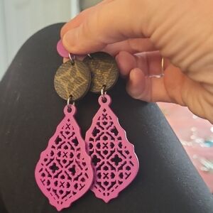 Chic Pink and Brown Dangle Earrings